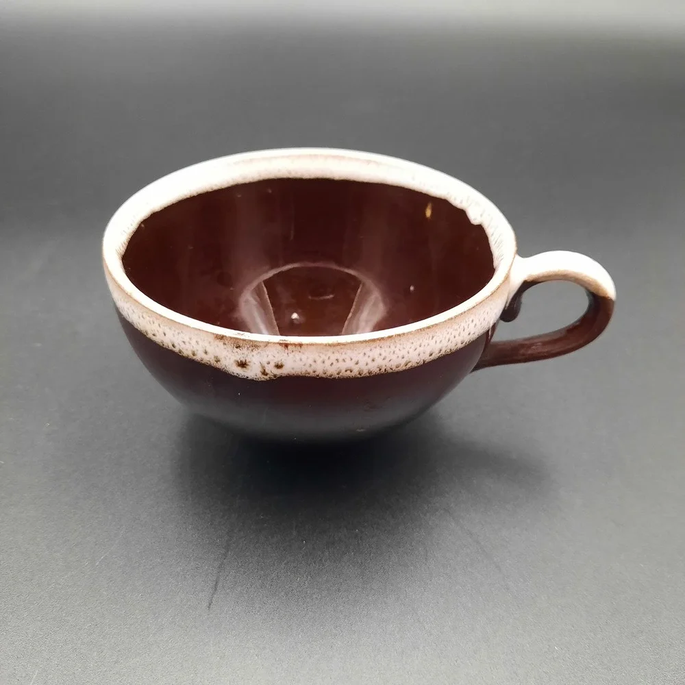 Vintage Brown Glazed Ceramic‎ Teacup with Cream Rim and Loop Handle